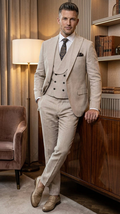 Statement Men’s Tan Wool Suit with Double Breasted Vest, Single Button Big Lapel Formal Dress Suit