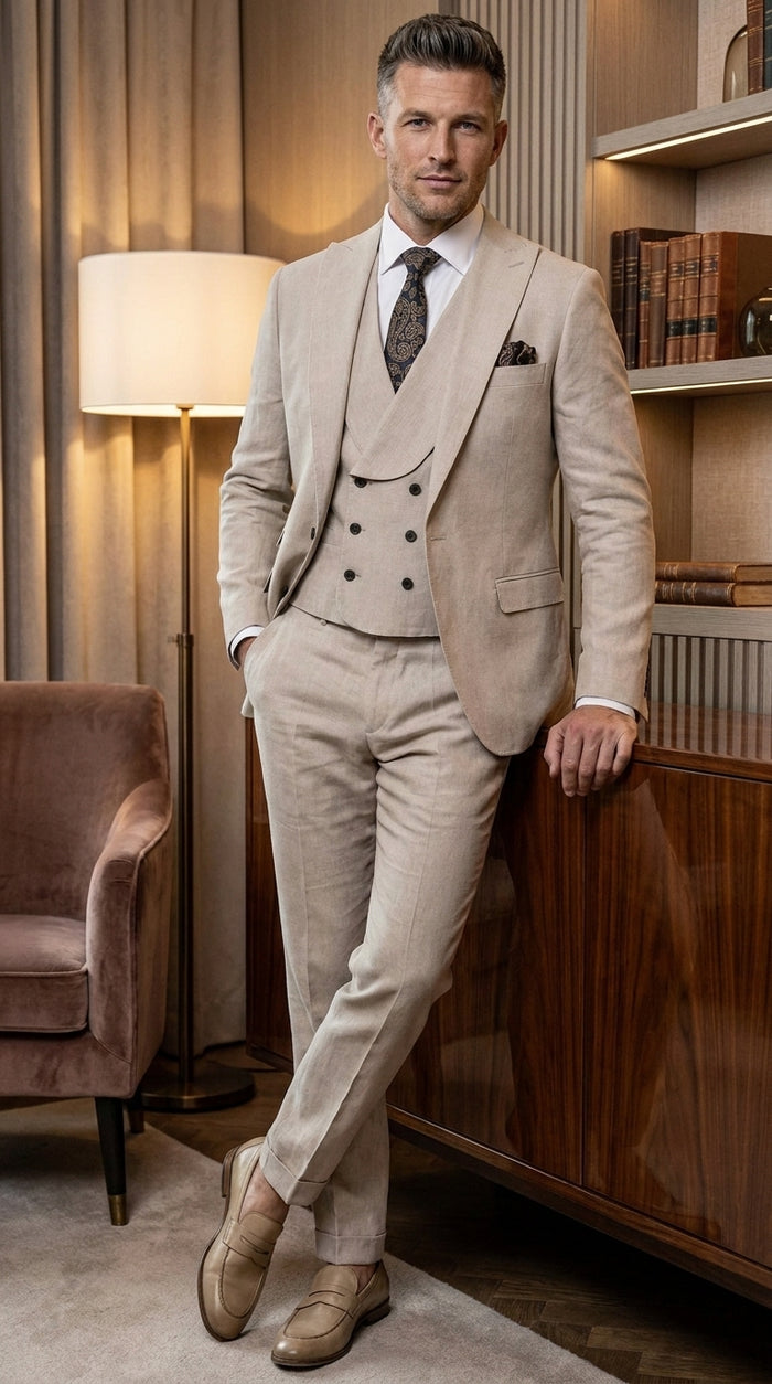 Statement Men’s Tan Wool Suit with Double Breasted Vest, Single Button Big Lapel Formal Dress Suit