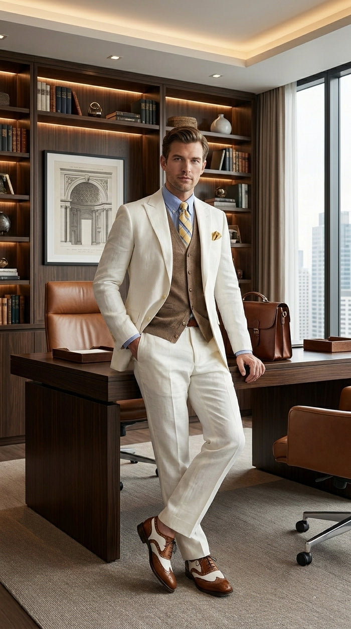 Men’s Ivory Great Gatsby Vested Suit with Brown Vest, Peak Lapel Vintage Wedding Suit