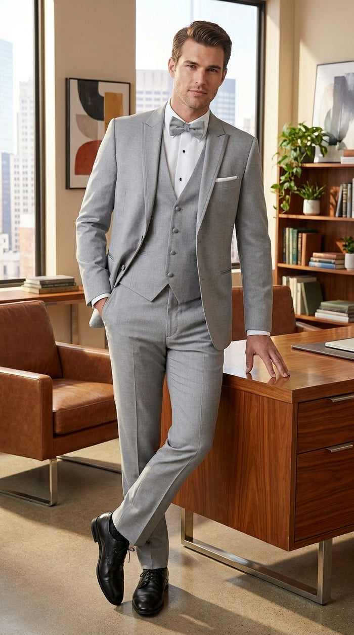 Men’s Light Grey Marseille 1 Button Peak Lapel Tuxedo with Satin Trim, Designer Wedding Suit