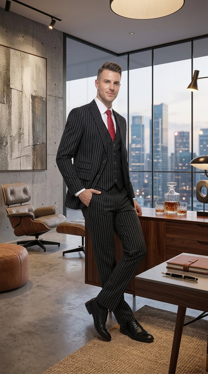 Men’s Black Bold Pinstripe 1920s Suit, Vintage 3 Piece Gangster Suit, Big and Tall Prom Outfit