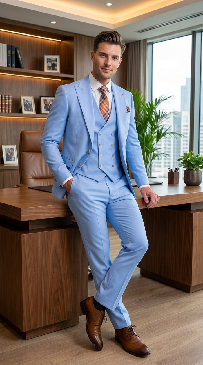 Statement Men’s Light Blue 3 Piece 100% Wool Fashion Suit, Bold Color Formal Wedding Suit