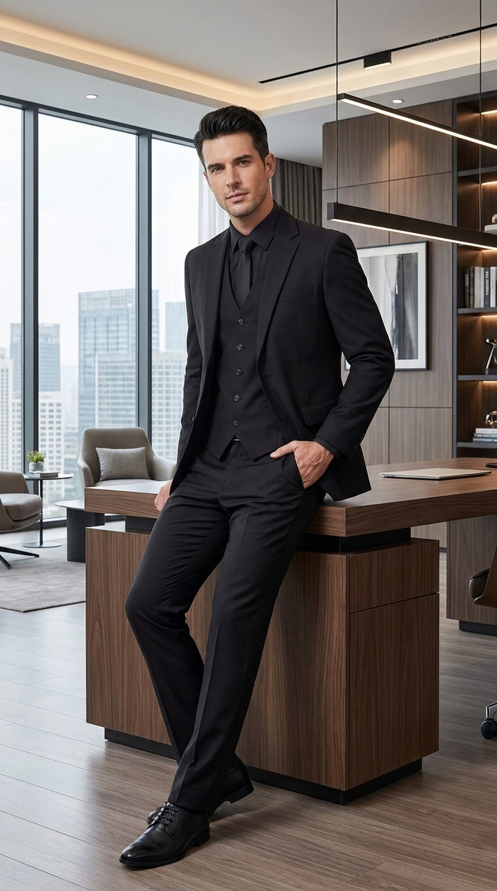 Men’s John Wick Inspired Black Vested Suit, Formal 3 Piece Wedding Business Dress Suit