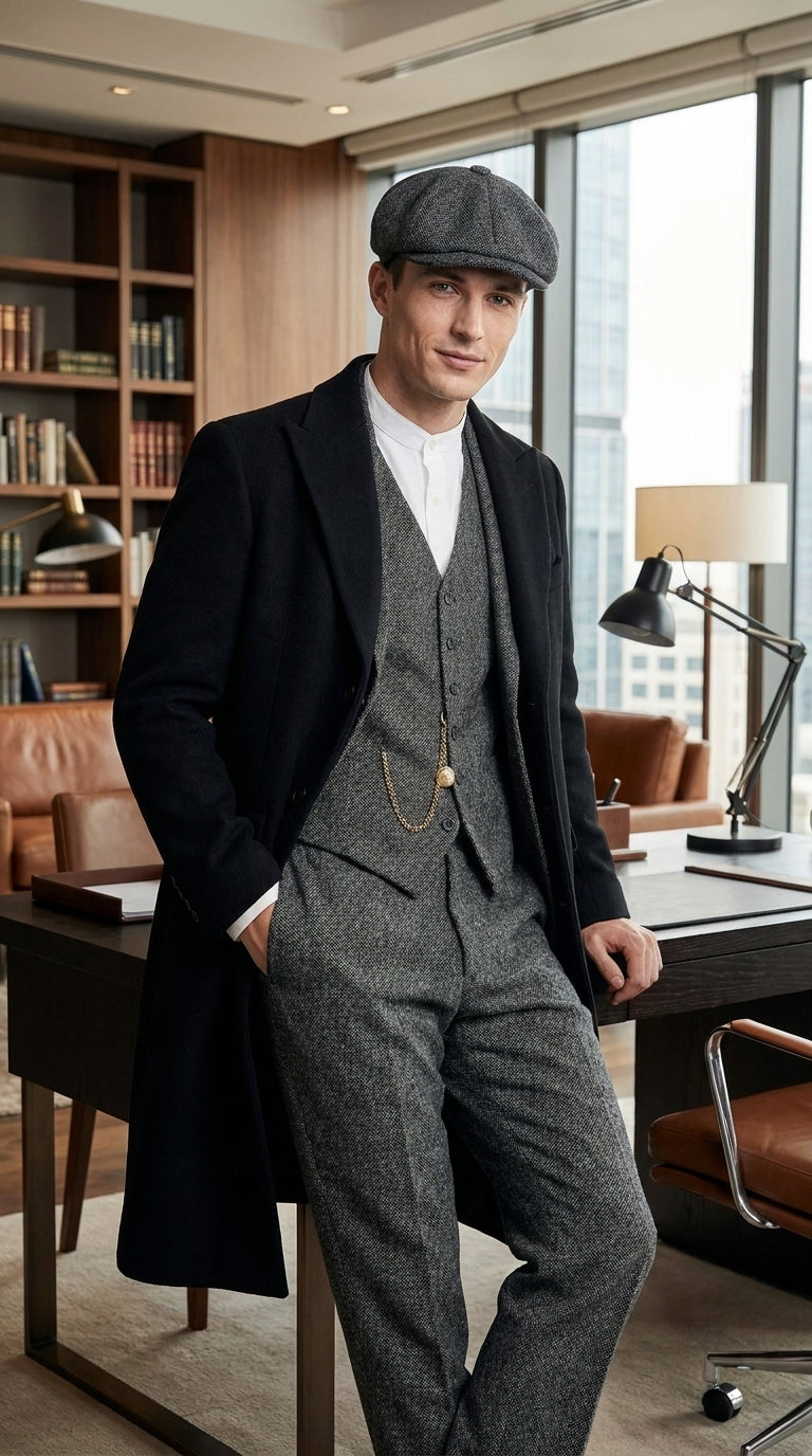 Men’s Grey Peaky Blinders 3 Piece Suit with Black Overcoat and Hat, Thomas Shelby Inspired Costume