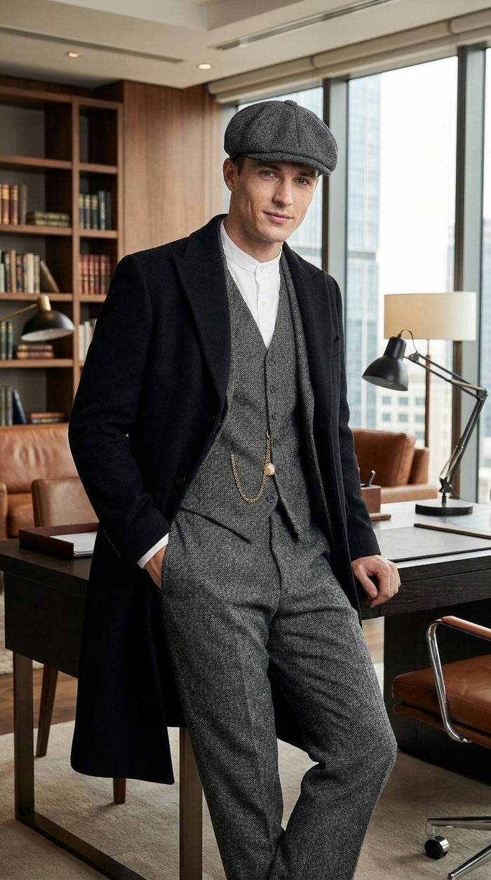 Men’s Grey Peaky Blinders 3 Piece Suit with Black Overcoat and Hat, Thomas Shelby Inspired Costume
