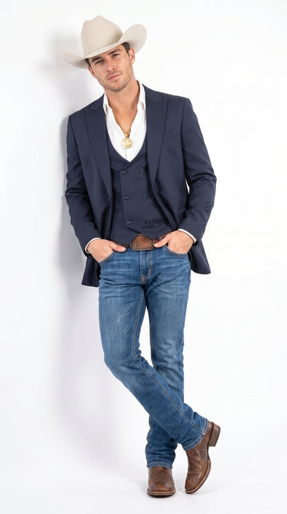 Men’s Navy Western Suit Blazer with Double-Breasted Vest – Modern Cowboy Formal Outfit