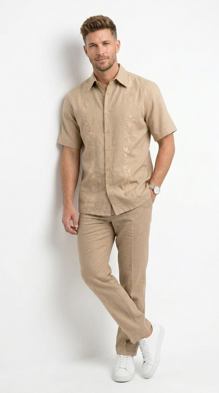 Men’s Sand Beige Embroidered 2 Piece Walking Suit with Short Sleeve Shirt and Matching Pants