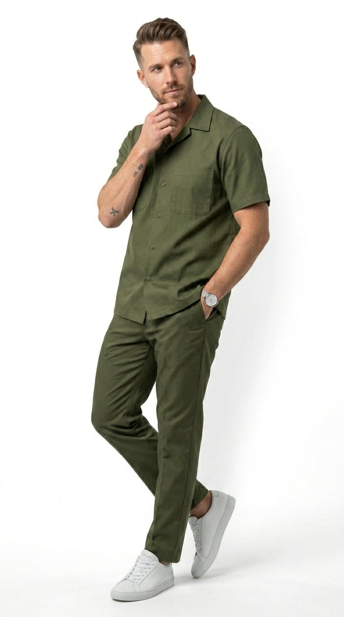 Men’s Olive Short Sleeve Walking Suit with Button Front Shirt and Matching Pants