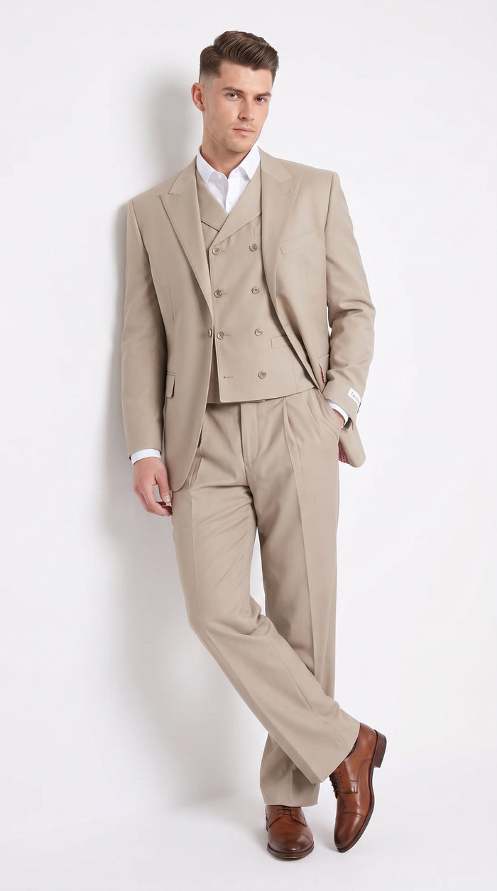 Tiglio Rosso Men’s Tan 3-Piece Italian Wool Suit – Classic Fit Peak Lapel Suit with Double-Breasted Vest and Pleated Wide-Leg Pants