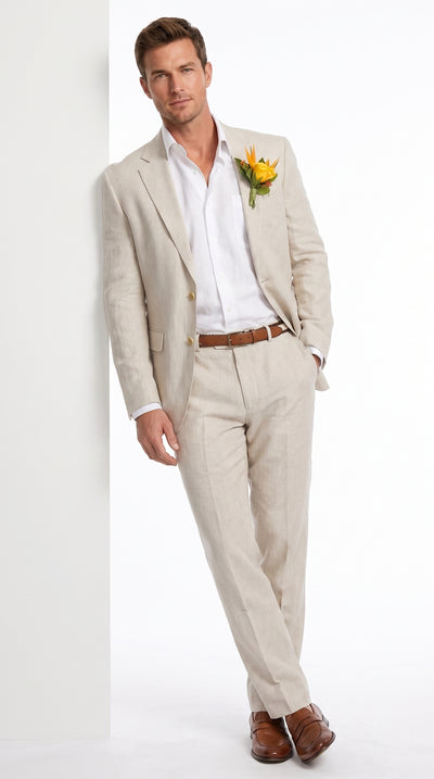 Men’s Natural Sand Linen Suit – Light Tan 2-Piece Summer Beach Wedding Suit