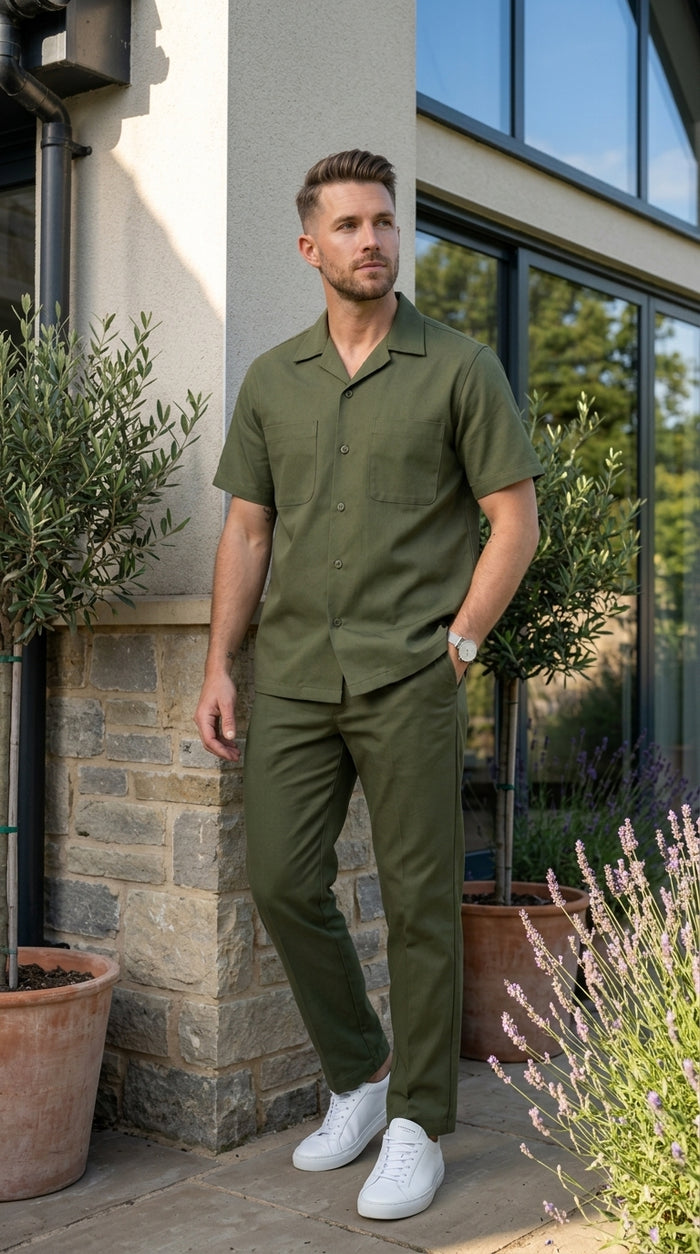 Men’s Olive Short Sleeve Walking Suit with Button Front Shirt and Matching Pants