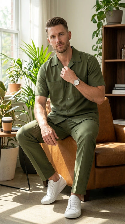 Men’s Olive Short Sleeve Walking Suit with Button Front Shirt and Matching Pants