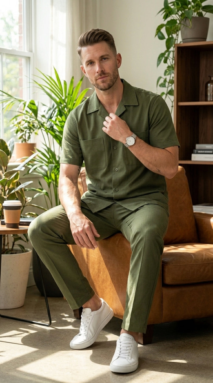 Men’s Olive Short Sleeve Walking Suit with Button Front Shirt and Matching Pants