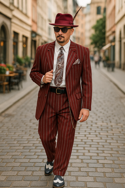 Burgundy Pinstripe Zoot Suit – 3 Piece 1920s/1930s Gangster Outfit (Jacket and Pants and Vest)  Vintage Fashion 3   - from alligatorwarehouse.com