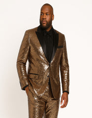 Men's Rose Gold Sequin Tuxedo Suit with Black Satin Lapel ƒ?? Luxury Slim Fit Blazer for Parties and Events