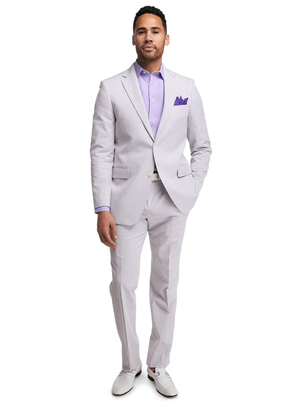 Mens Lavender Seersucker Suit Blazer + Pants Cotton Fabric - Summer Fabric in Purple color