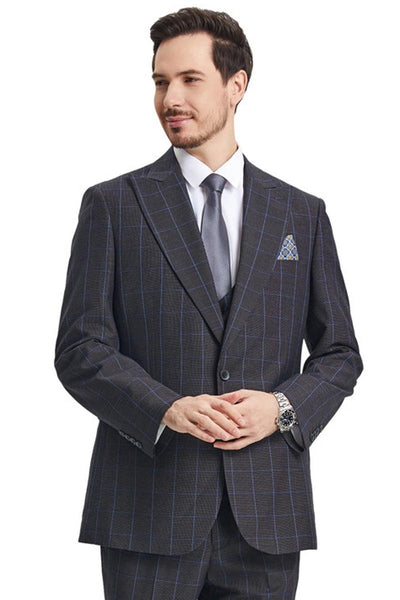 Men's Stacy Adams Peak Lapel Charcoal Grey Windowpane Plaid Suit with a Scoop Neck Vest 1 SM172H1-21-38R  - from alligatorwarehouse.com