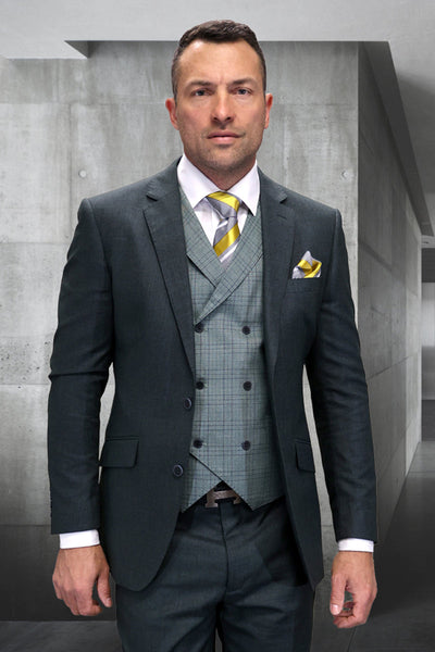 Men's Modern Fit Designer Wool Suit in Hunter Green with a Double Breasted Plaid Vest