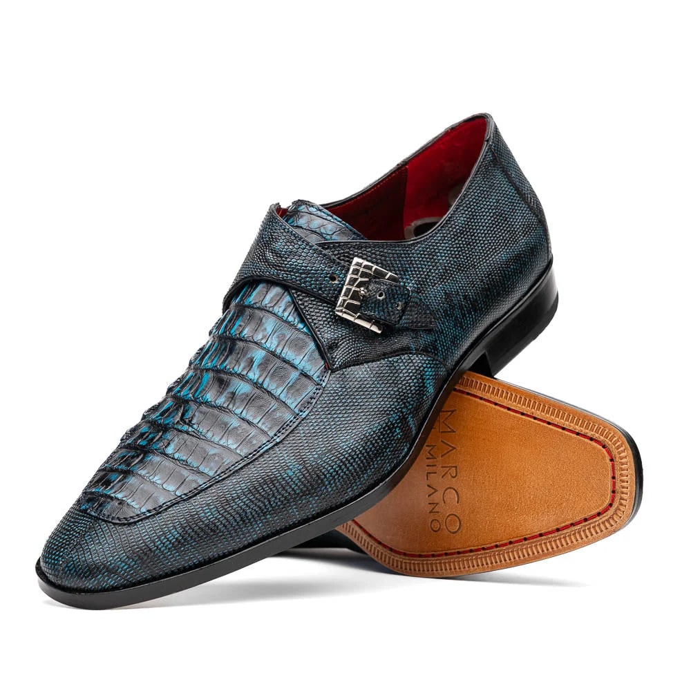 Marco Di Milano Toluca Blue / Black Jean Monk Strap Lizard & Crocodile Shoes