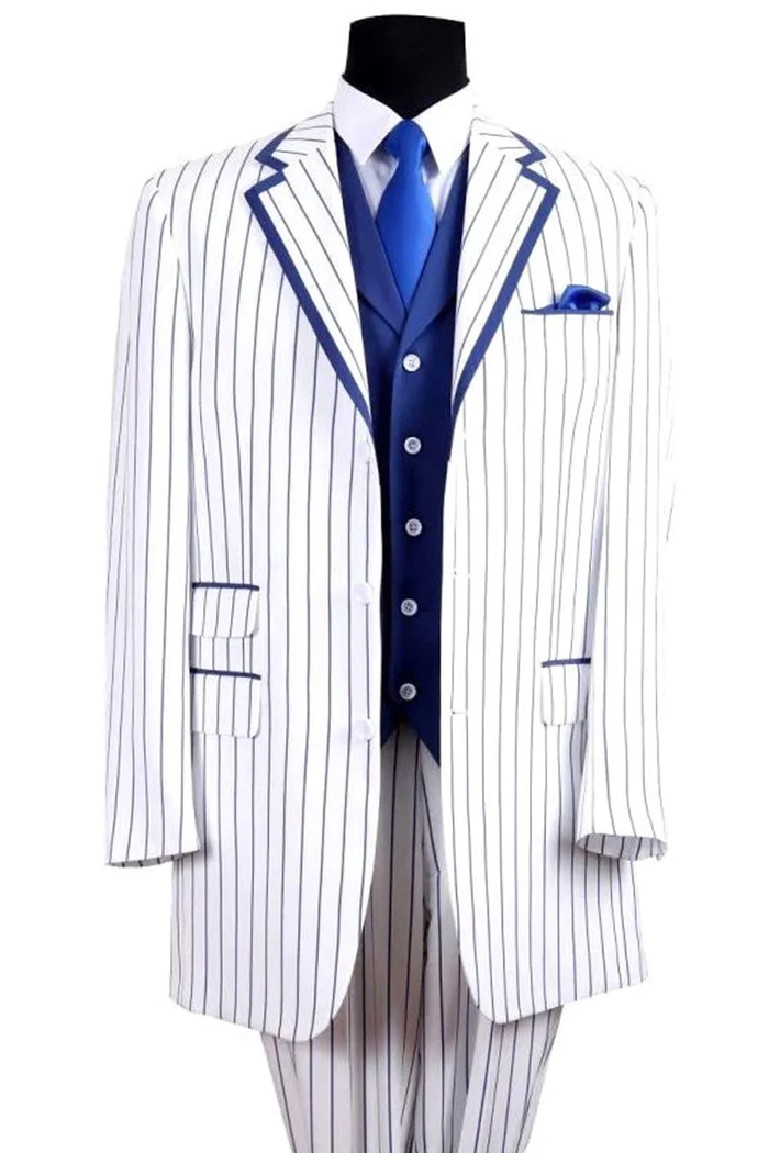 Candy Stripe Suit Mens 3 Button Vested Barbershop Quartet Suin in White with Black Pinstripes