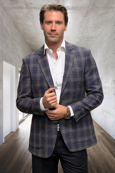 Men's Modern Fit Wool & Cashmere Patch Pocket Sport Coat Blazer in Navy Windowpane Plaid 1 Tropez-Navy-36S  - from alligatorwarehouse.com