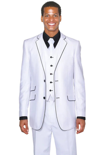 White Wedding Suit For Men - Perfect For Groom - Mens Vested Slim Fit Shiny Sharkskin Tuxedo Suit In White With Black Piping 1   - from alligatorwarehouse.com