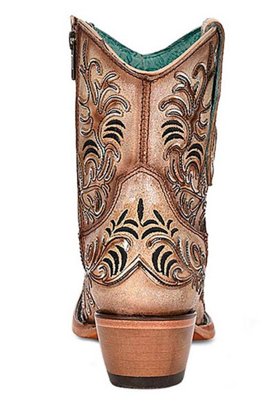 Tan Ankle Booties with Dark Embroidery and Mirrored Overlay and Toe Design 4   - from alligatorwarehouse.com