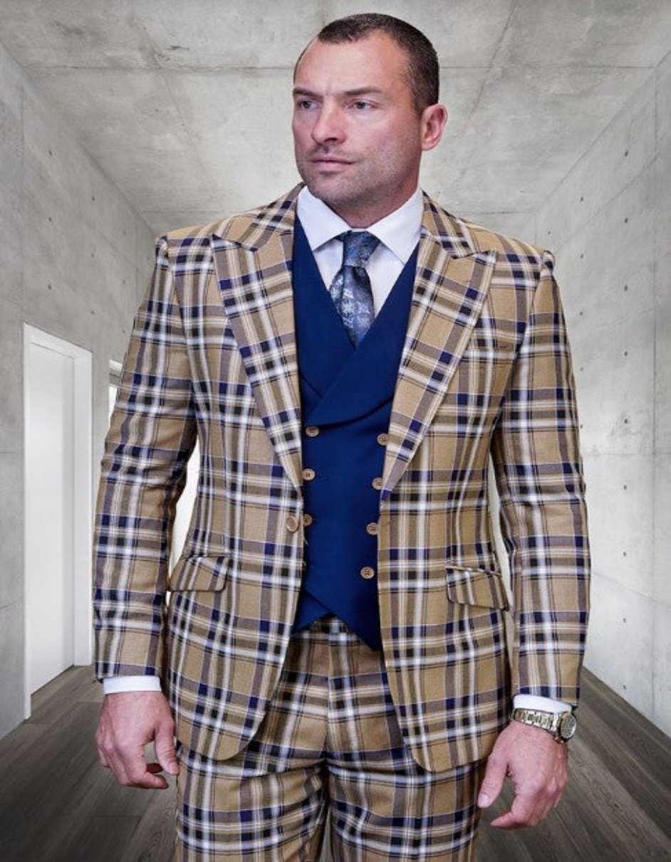 Tan Plaid Suit - Camel Khaki Color Windowpane Pattern Suit - Wool Suit - Peak Lapel Side Vented Modern Fit