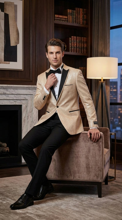Men’s Tan Tuxedo Blazer with Black Lapel – Formal Dinner Jacket Suit + Pants for Wedding, Prom champaign beige color