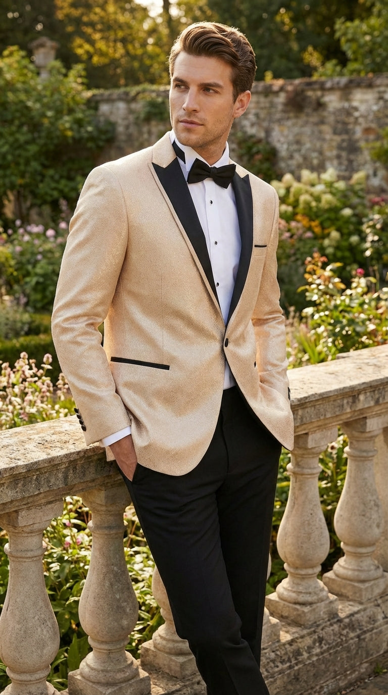Men’s Tan Tuxedo Blazer with Black Lapel – Formal Dinner Jacket Suit + Pants for Wedding, Prom champaign beige color