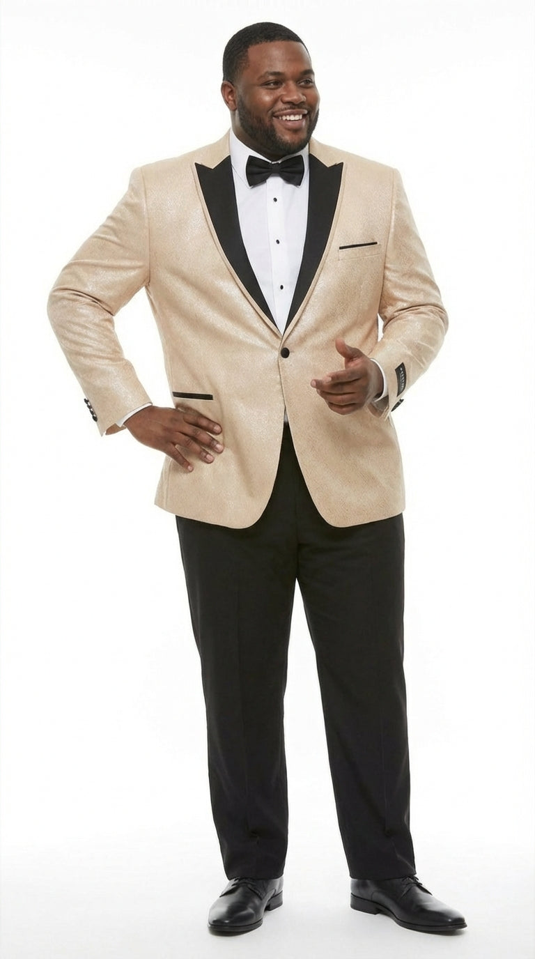 Men’s Tan Tuxedo Blazer with Black Lapel – Formal Dinner Jacket Suit + Pants for Wedding, Prom champaign beige color
