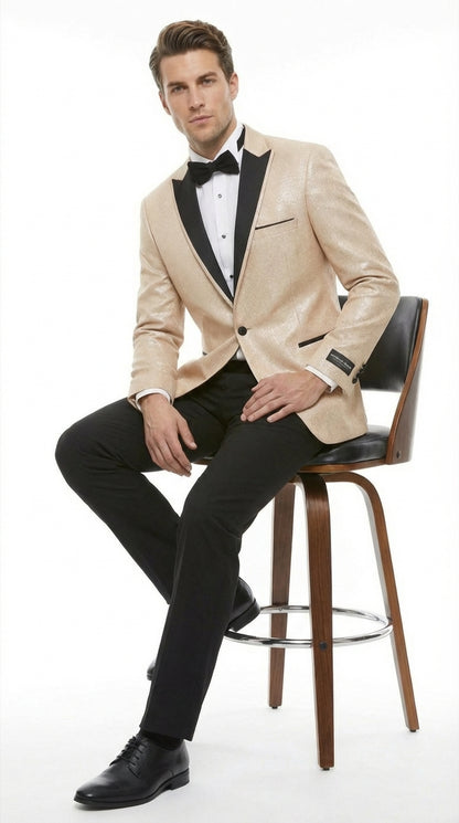 Men’s Tan Tuxedo Blazer with Black Lapel – Formal Dinner Jacket Suit + Pants for Wedding, Prom champaign beige color