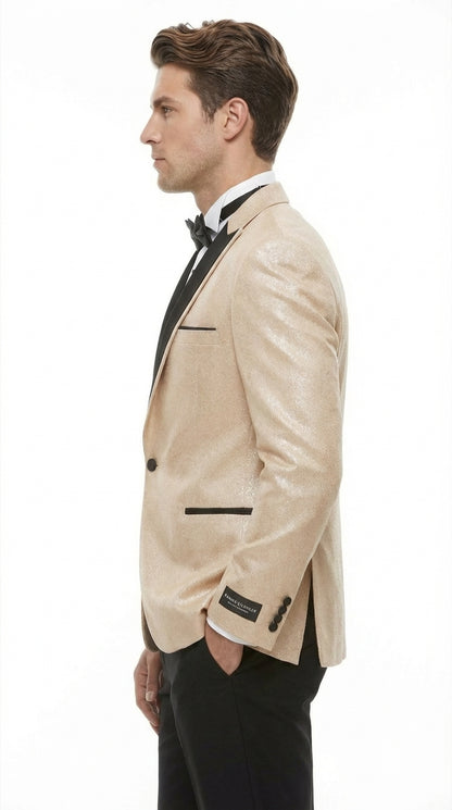 Men’s Tan Tuxedo Blazer with Black Lapel – Formal Dinner Jacket Suit + Pants for Wedding, Prom champaign beige color