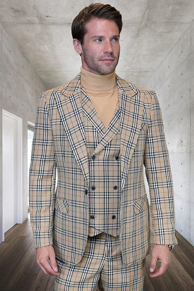 Mens Designer 1 Button Vested Wool Suit in Tan Windowpane Plaid Suit 1   - from alligatorwarehouse.com