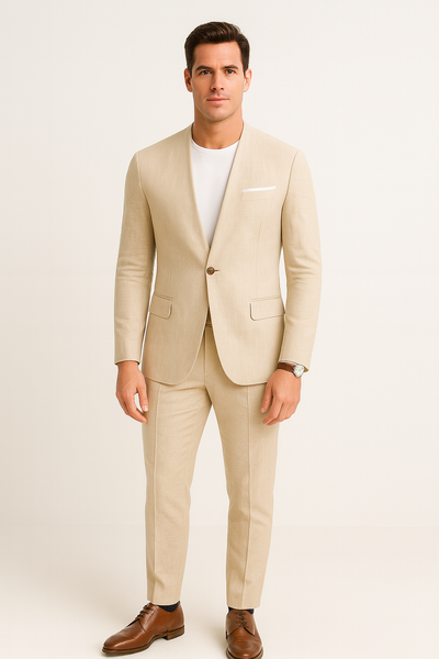 Tan Linen Suit For Summer - Collarless Blazer and Pants Collarless Lapel - No Lapel Casual! 1   - from alligatorwarehouse.com