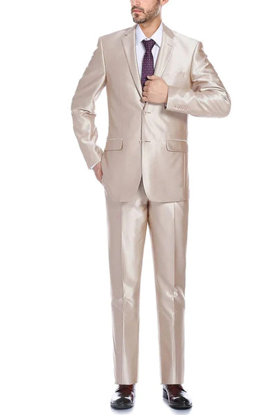 Mens Basic Two Button Slim Fit Suit with Optional Vest in Shiny Champagne Tan Sharkskin 1 XD-0566  - from alligatorwarehouse.com