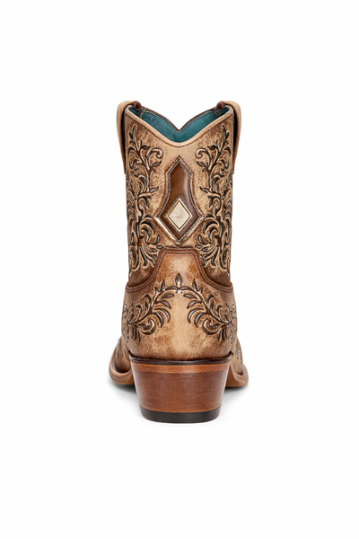 Tan Ankle Booties with Dark Embroidery and Mirrored Overlay and Toe Design