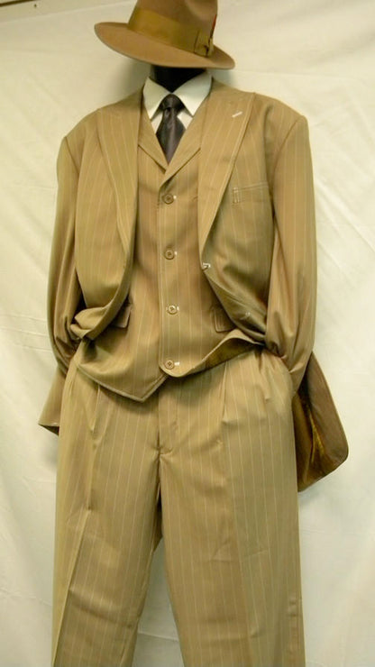 Mens Brown Pinstripe Zoot Suit – 1920s Gangster Vintage 3-Piece Suit with Wide-Leg Pants and Fedora Look - Three Buttons