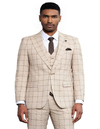 Men's Stacy Adams One Button Peak Lapel Vested Windowpane Tan Plaid Suit 1   - from alligatorwarehouse.com
