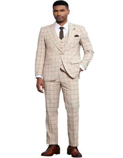 Men's Stacy Adams One Button Peak Lapel Vested Windowpane Tan Plaid Suit 2   - from alligatorwarehouse.com