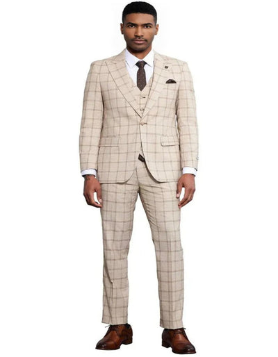 Men's Stacy Adams One Button Peak Lapel Vested Windowpane Tan Plaid Suit 3   - from alligatorwarehouse.com