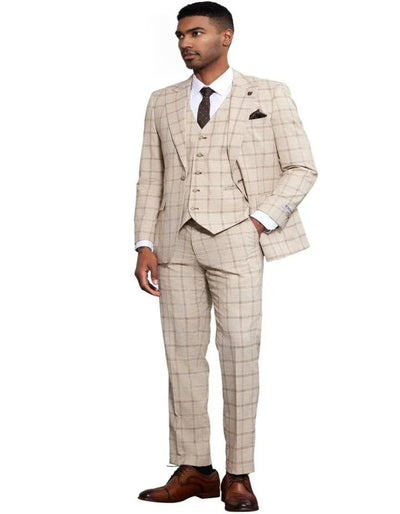 Men's Stacy Adams One Button Peak Lapel Vested Windowpane Tan Plaid Suit 4   - from alligatorwarehouse.com