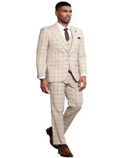 Men's Stacy Adams One Button Peak Lapel Vested Windowpane Tan Plaid Suit 5   - from alligatorwarehouse.com