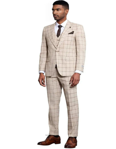 Men's Stacy Adams One Button Peak Lapel Vested Windowpane Tan Plaid Suit 6   - from alligatorwarehouse.com