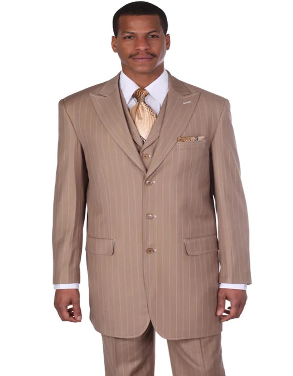 Pleated?ÿDress?ÿMen?ÿSuits - Mens Vintage Vested Gangster Bold Pinstripe Tan Fashion Suit
