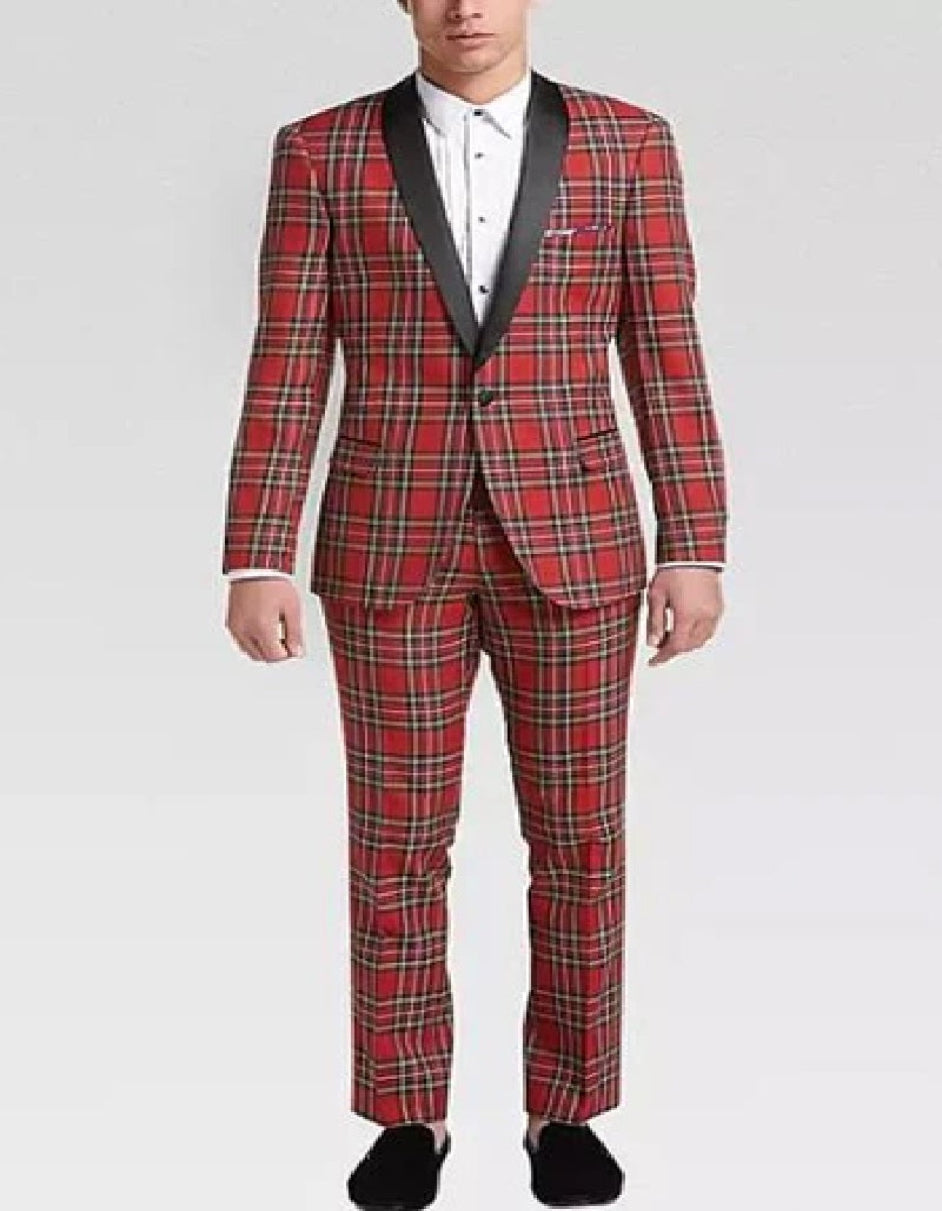 Mens Plaid Suit Tartan Red and Black Pattern Fully Lined One Button Suit