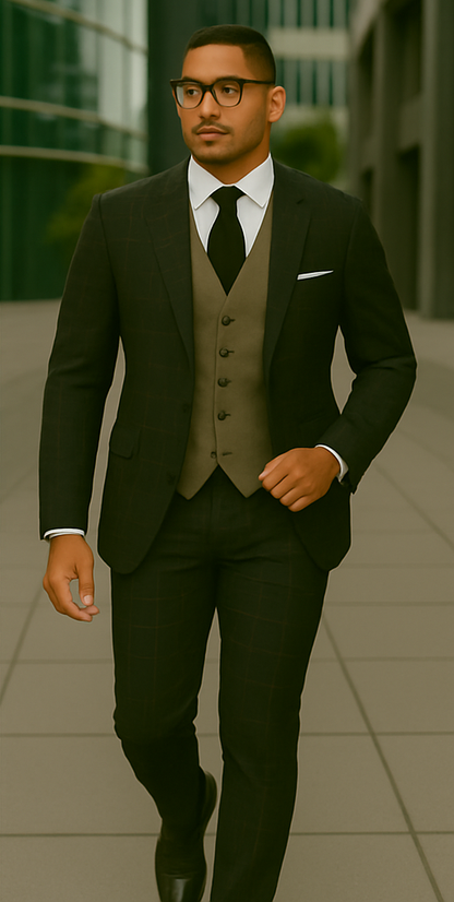 Wool Suit - Italian Made Business Suit by Statement Men's 3 Piece 100% Wool Modern Fit Suit - Bold Accent Color