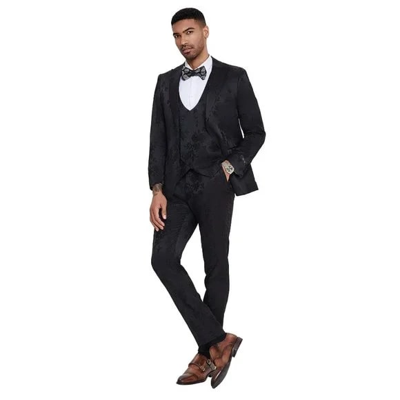 2026 Floral Mens 3PC Suit w/ Double Breasted Prom Vest by Tazzio, Black