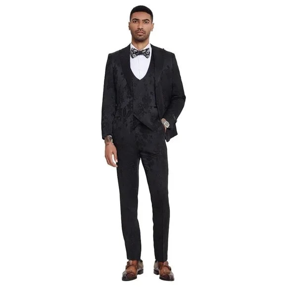 2024 Floral Mens 3PC Suit w/ Double Breasted Prom Vest by Tazzio, Black