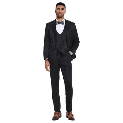 2025 Floral Mens 3PC Suit w/ Double Breasted Prom Vest by Tazzio, Black Black Prom Tuxedos 3   - from alligatorwarehouse.com